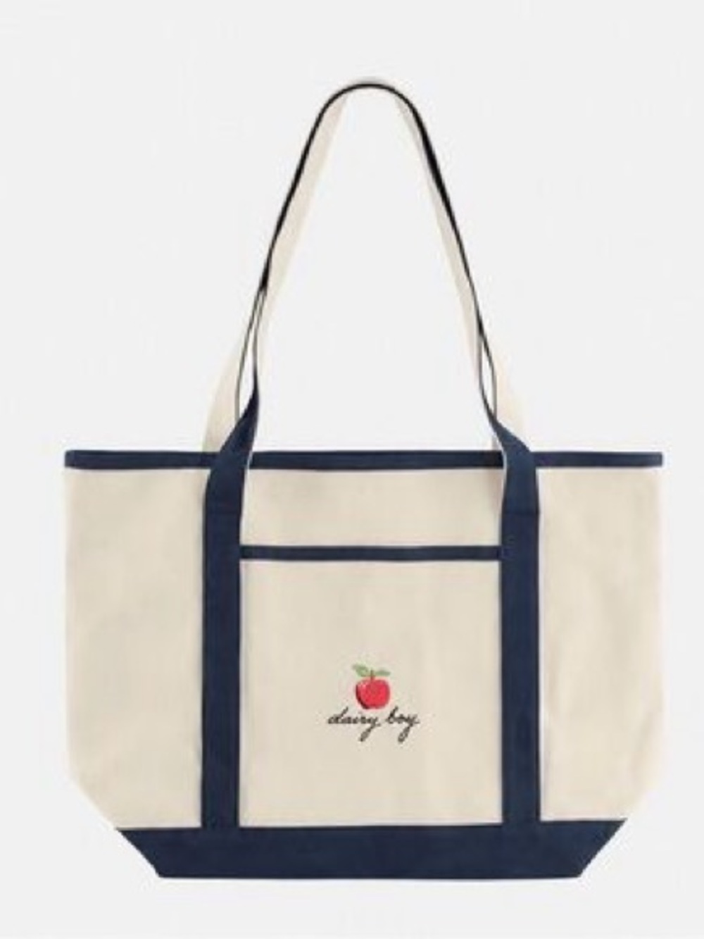 Dairy Boy NYC Tote Bag Cream and Navy Canvas Tote with Embroidered Apple